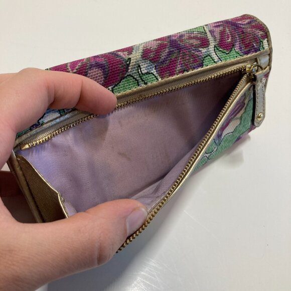 Vintage Coach Rare Ashley Floral Iris Tri-Fold Wallet Canvas and Leather Gold - Picture 5 of 12